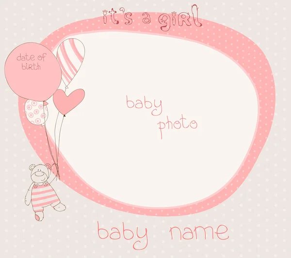 Kaart Van Aankomst Van Baby Meisje Met Photoframe — Stockvector