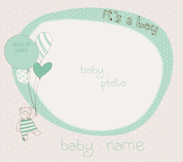 De kaart van de aankomst van baby jongen met photoframe — Stockvector