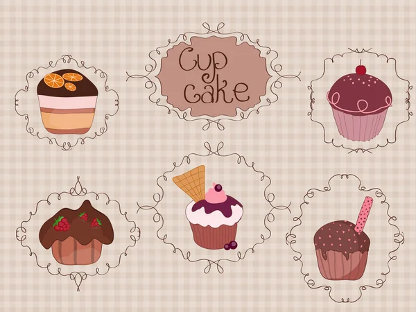 Set Cup Cakes Vintage Background Curly Frames — Stock Vector