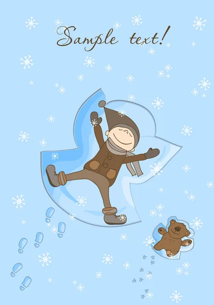 Ευτυχισμένο αγόρι κάνει έναν άγγελο χιονιού Χριστουγεννιάτικη κάρτα — Διανυσματικό Αρχείο