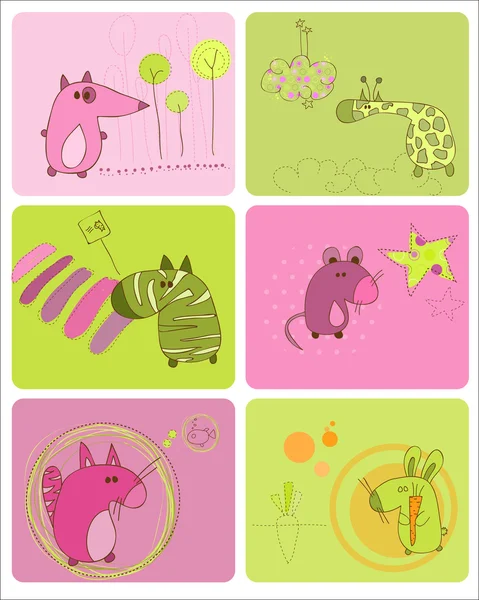 Cute Baby Animals Set of Cards — Stock Vector