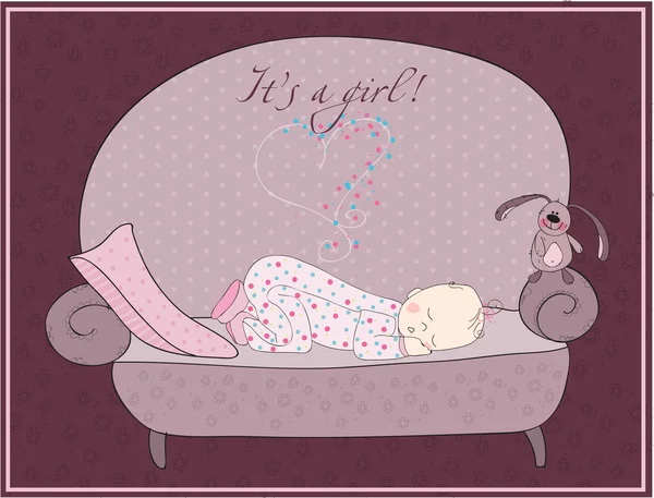 Újszülött baba lány alszik kártya — Stock Vector