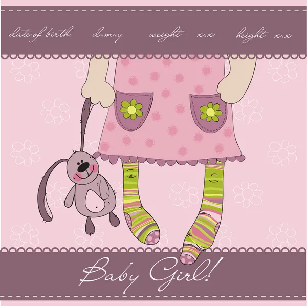 Pink Baby Girl Arrival Announcement Card Plush Rabbit — Stock Vector