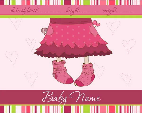 Pink Baby Menina Chegada Anúncio Cartão Com Meias Engraçadas —  Vetores de Stock