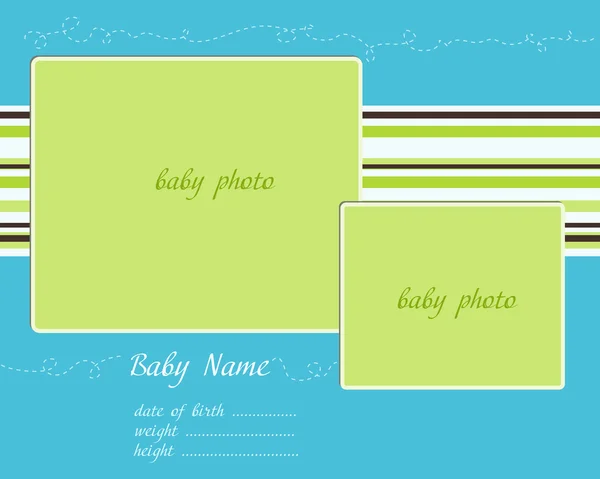 Baby příjezdu modro Zelená karta s fotorámečky — Stockový vektor