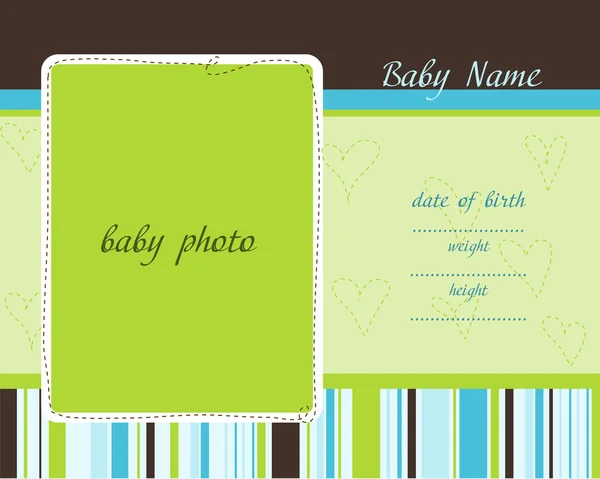 Tarjeta de llegada del bebé con marcos de fotos — Vector de stock