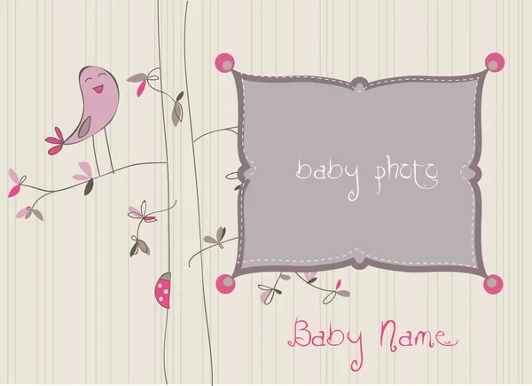 Carte d'arrivée de bébé avec cadre photo dans le vecteur — Image vectorielle