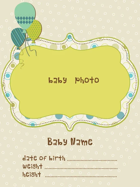 Cartão de chegada do bebê com moldura de foto no vetor — Vetor de Stock