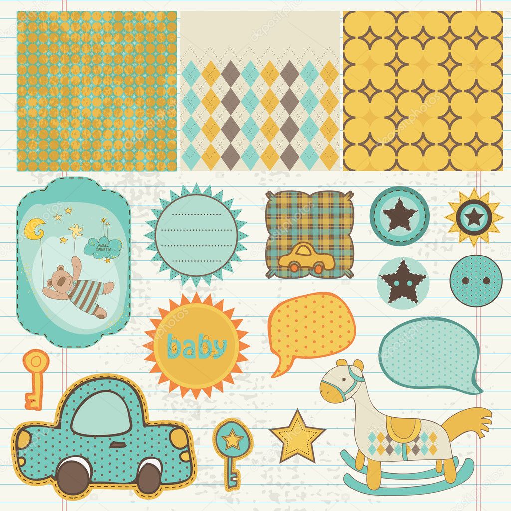 Baby Stickers. Kids, Children Design Elements for Scrapbook. Decorative  Vector Icons with Toys, Clothes, Sun and Other Cute Newbor Stock Vector -  Illustration of colletion, newborn: 90675512