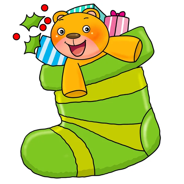 Urso na meia de Natal — Fotografia de Stock