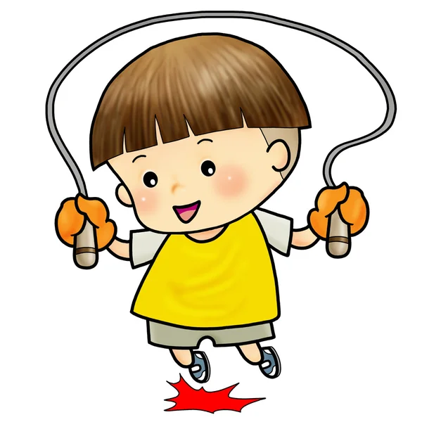 一个可爱的男孩跃迁与跳绳的卡通插图 — 图库照片