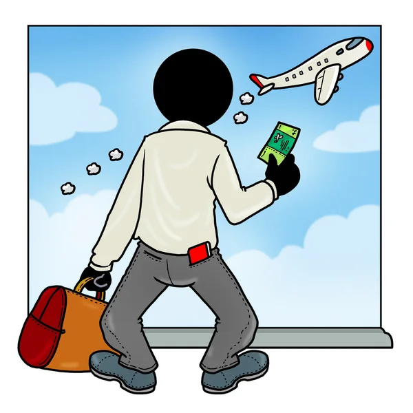 Dia Azarado Homem Silhueta Passageiro Avião Perdido — Fotografia de Stock