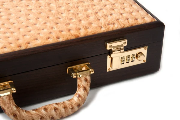 stock image A wooden Walnut and Ostrich leather Brief Case with combination lock