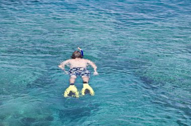 Man in flippers snorkeling in blue sea in Cyprus clipart