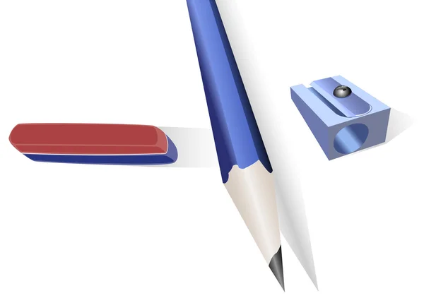 Pencil, pencil sharpener and an elastic band — Stock Vector