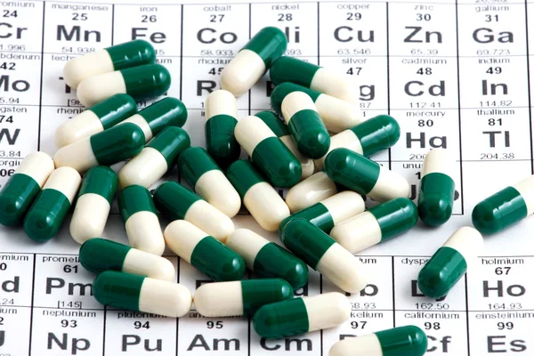Pills lying on periodic table — Stock Photo, Image