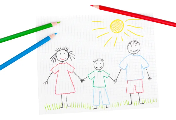 Kinderzeichnung Einer Glücklichen Familie Und Bleistifte Auf Weißem Hintergrund — Stockfoto