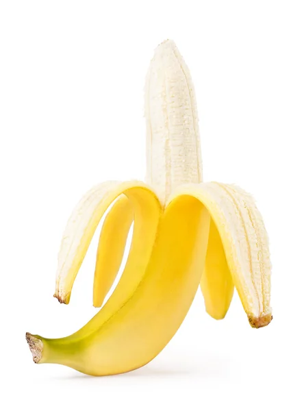 白い背景上に分離されて半分皮をむいたバナナ — ストック写真