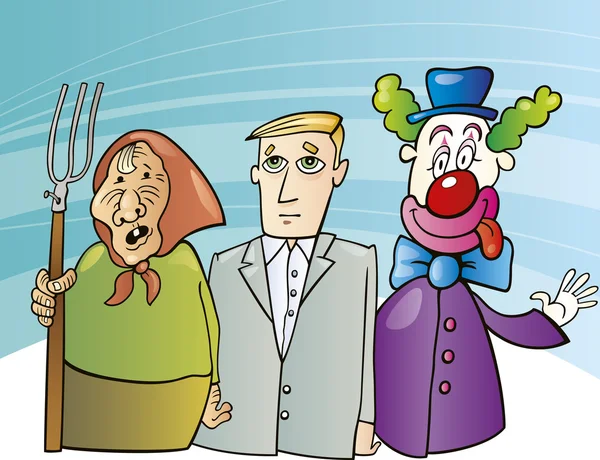 Agricultrice, homme d'affaires et clown — Image vectorielle