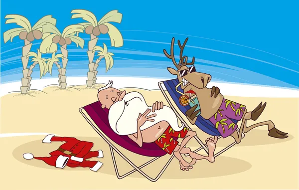 Santa και ταράνδων, έχοντας ένα υπόλοιπο στην παραλία — Διανυσματικό Αρχείο