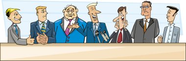 Cartoon illustration of businessmen and politicians debate clipart