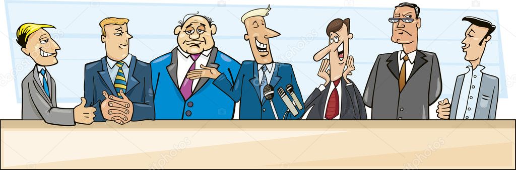 Cartoon illustration of businessmen and politicians debate