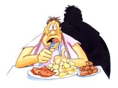 Stressed overweight man eating clipart