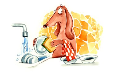 Dog washing the dishes clipart