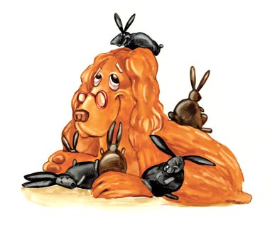 Spaniel dog as little bunnies wet nurse clipart