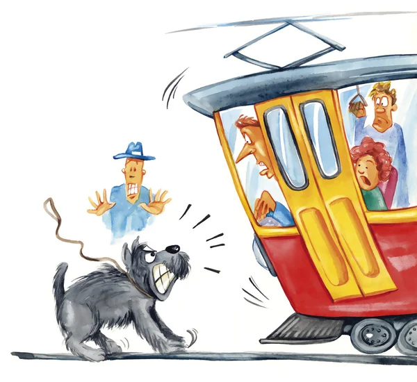 Hund greift Straßenbahn an — Stockfoto
