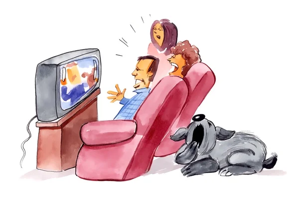 Rodina dívat na televizi a znuděný pes — Stock fotografie