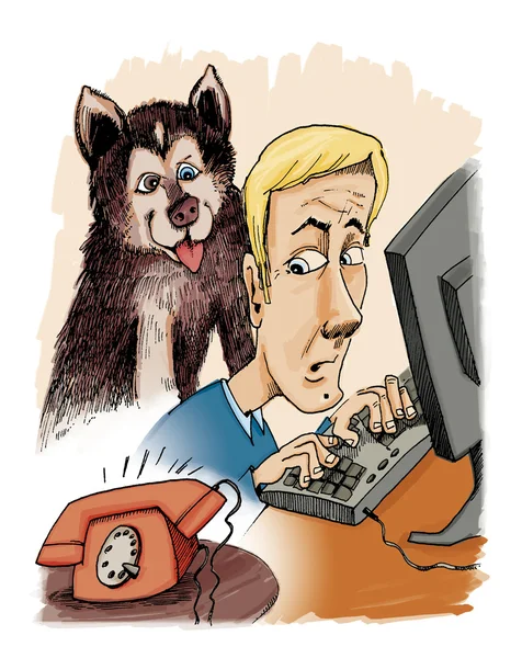 Husky cão seu proprietário e telefonema — Fotografia de Stock