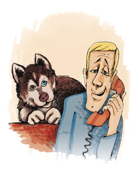 ชายที่โทรหาและสุนัขฮัสกี้ — ภาพถ่ายสต็อก