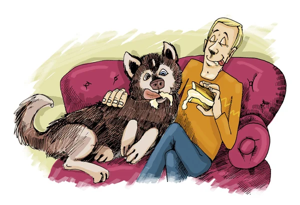 Собака хаски и ее хозяин на диване — стоковое фото