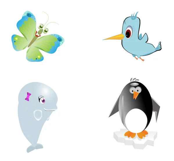 Desenhos Animados Golfinho Animal Pinguim Pássaro Borboleta — Vetor de Stock