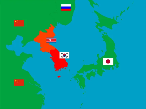 Ilustración Vectorial Península Coreana Sus Vecinos Con Banderas — Vector de stock