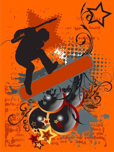 ギターとスピーカー 花の装飾 ハーフトーンのパターンを持つ男の抽象的なファンキーなグランジ ベクトル イラスト — ストックベクタ