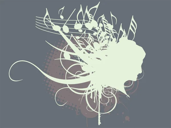 Векторная Иллюстрация Женской Головы Музыкальными Нотами Кудрявыми Цветочными Украшениями — стоковый вектор