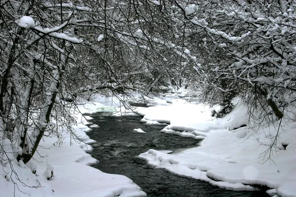 大雪の後川の水を開く — ストック写真