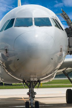 pilot kabini mavi gökyüzü ile uçak burun closeup