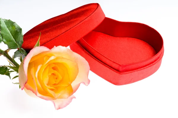 Красная желтая роза и коробка в форме сердца — стоковое фото