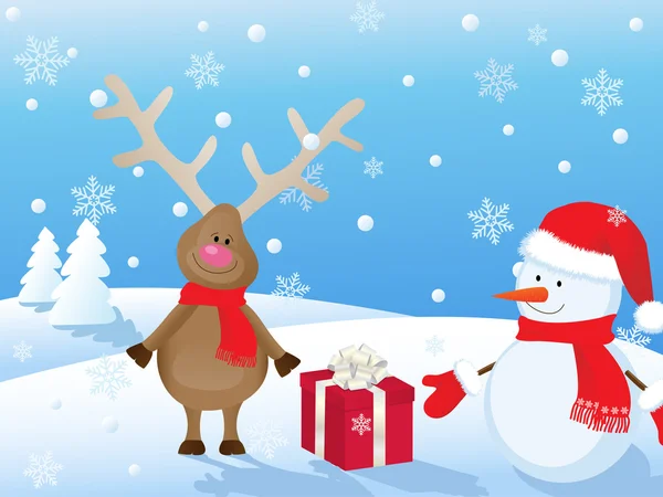 Geyik ve kardan adam ile Noel sahne — Stok fotoğraf