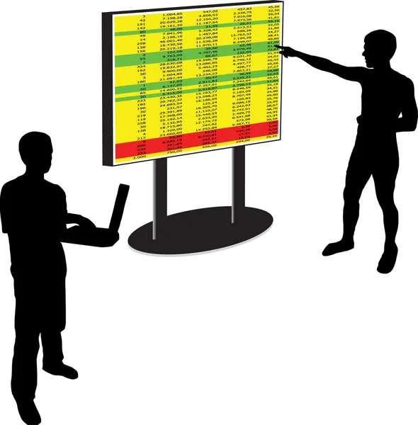 Boss show results in a whiteboard to a man — Stock Vector