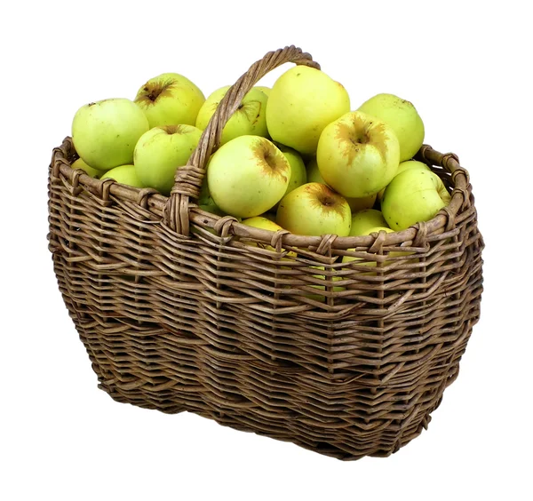 Podzimní Zelené Jablko Koši Bílém Pozadí — Stock fotografie