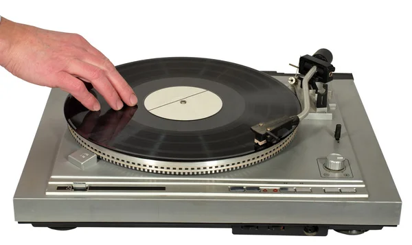 Hand Rotating Gramophone Record Vintage Gramophone — Stock Photo, Image