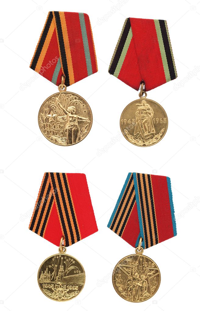 Soviet military commemorative medals, isolated on white background.