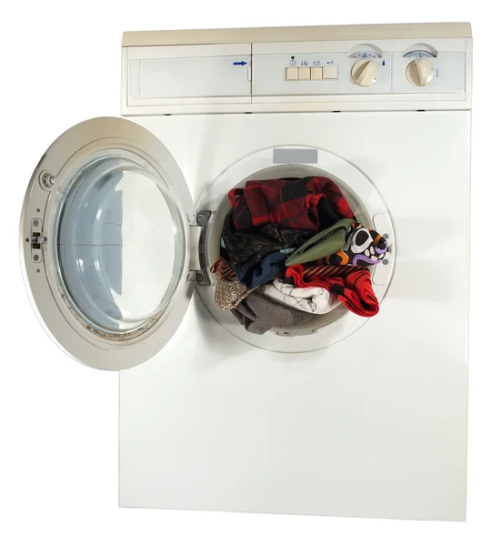 Die Waschmaschine mit der offenen Luke im Inneren farbige Bettwäsche — Stockfoto