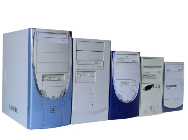 Пять старых компьютеров на белом фоне изолированы Лицензионные Стоковые Фото