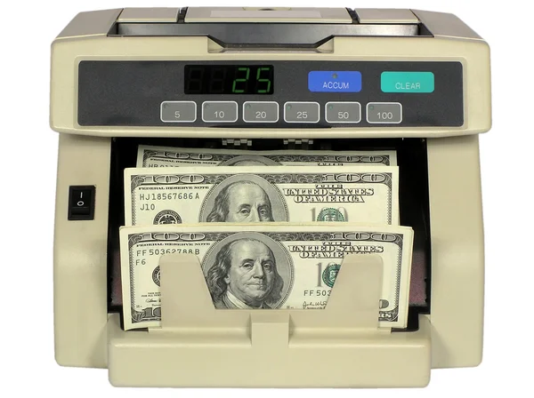 Contatore di valuta elettronica isolato su bianco, con dollari Foto Stock