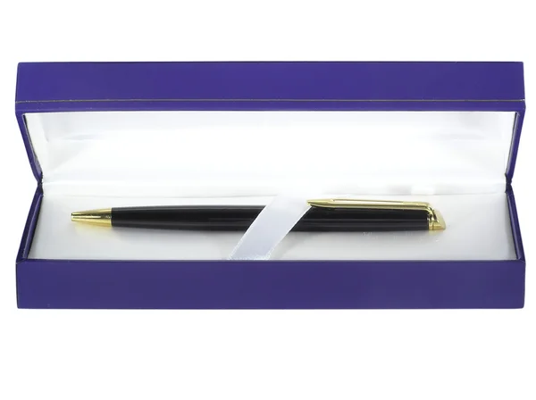 Bolígrafo en caja regalo azul — Foto de Stock